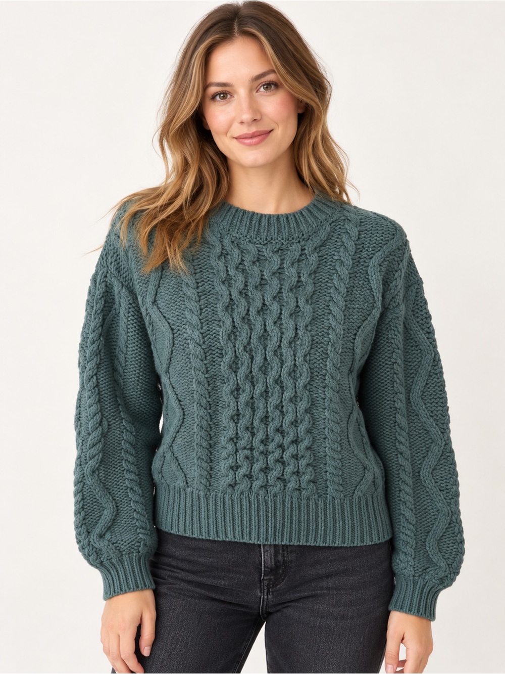 Frank And Oak Teal Cable Knit Sweater Wool Blend Crew Neck| Size S